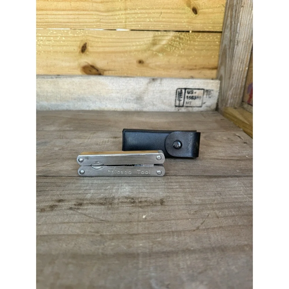 Vintage Chicago Tool‎ Chrome Multitool. With Case Pliers, Knife & Accessories